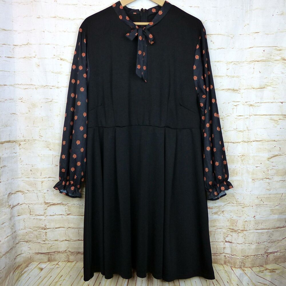 Pumpkin Print Halloween Dress Womens 4XL Black Contrast Long Sleeves Tie Neck - Picture 2 of 14